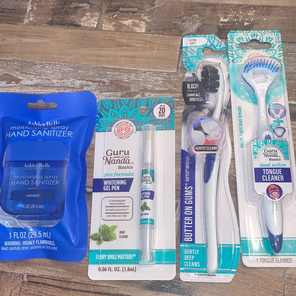 Guru nanda tongue cleanse, toothbrush, whitening gel pen and hand sanitizer